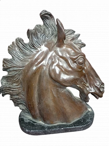Bronze horse head with marble base, 1940s