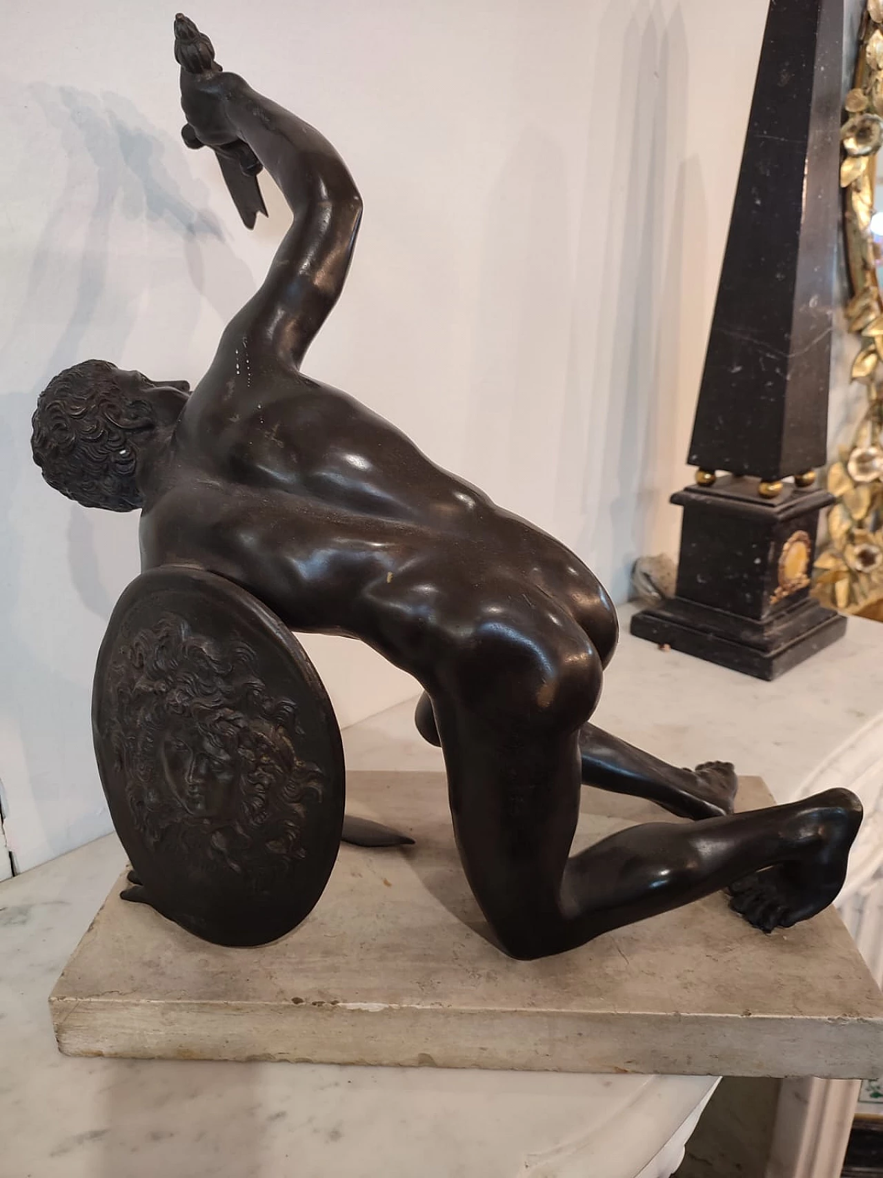 Bronze statue of a gladiator on travertine base, late 19th century 1