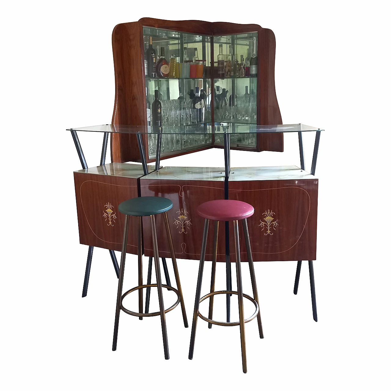 Mahogany corner bar cabinet with pair of stools, 1960s 9