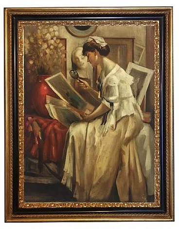 Giovanni Santaniello, Signora che legge, olio su tela, 2002