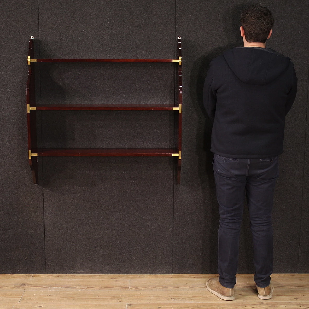 Nautical style mahogany and brass wall bookcase, 1970s 3