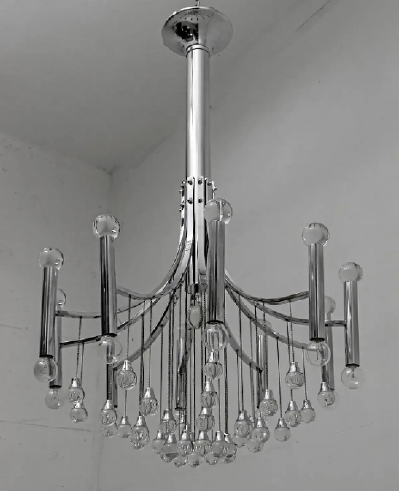 Glass and chrome chandelier by Gaetano Sciolari, 1970s 3