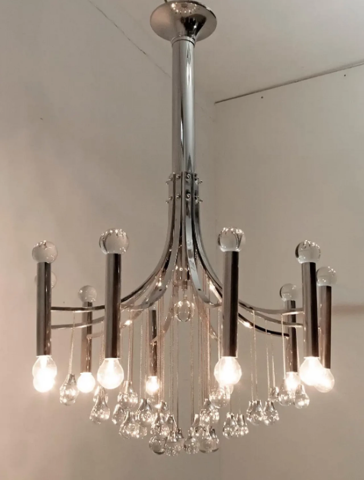Glass and chrome chandelier by Gaetano Sciolari, 1970s 4