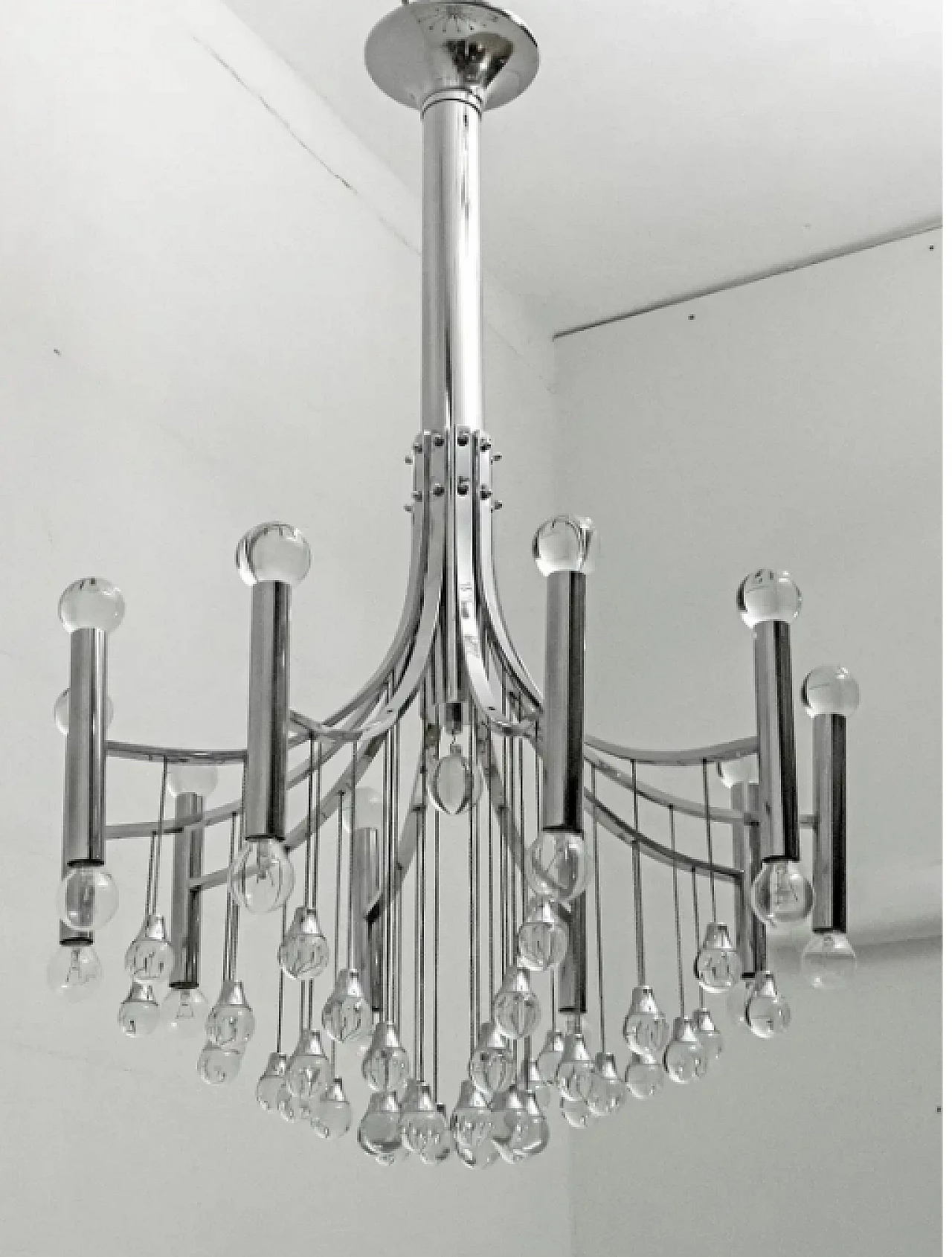 Glass and chrome chandelier by Gaetano Sciolari, 1970s 8