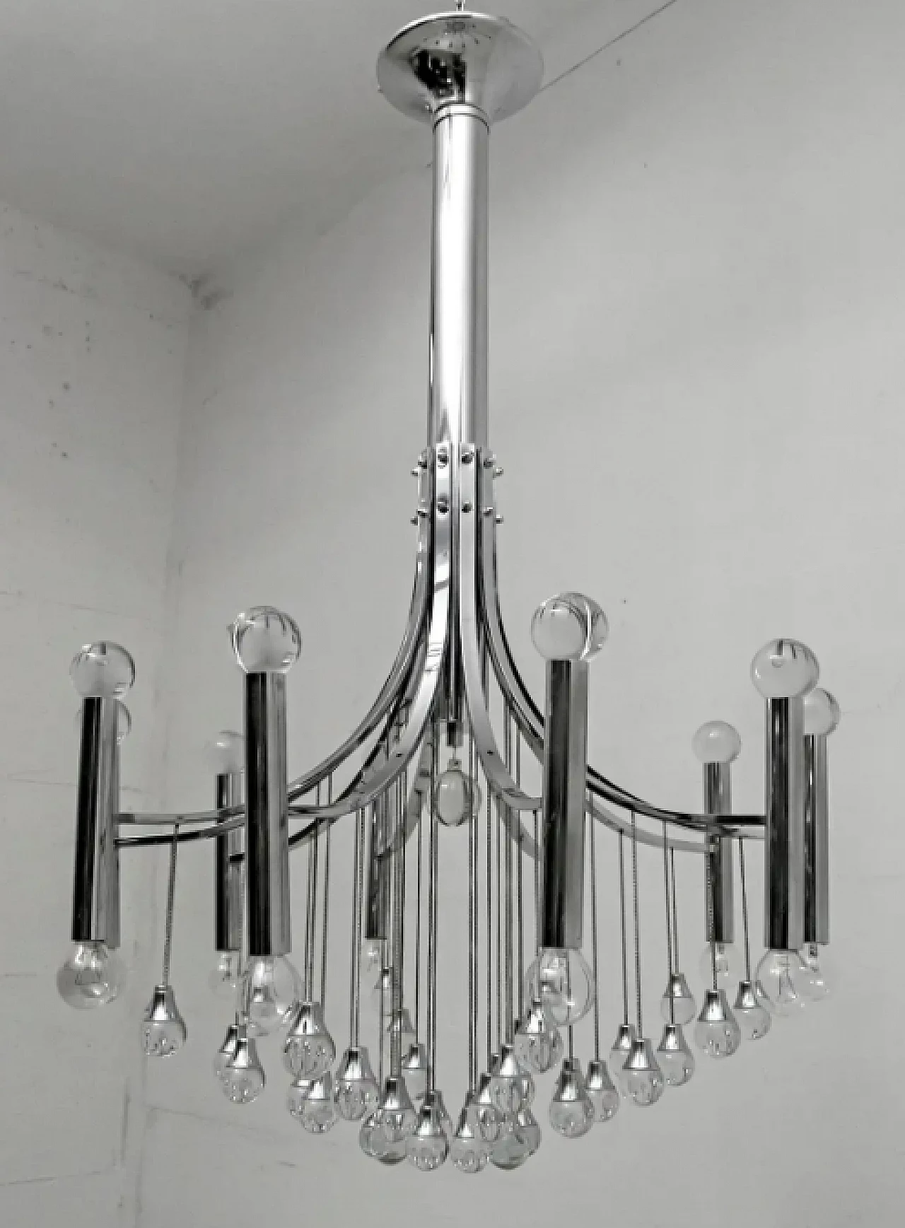 Glass and chrome chandelier by Gaetano Sciolari, 1970s 9