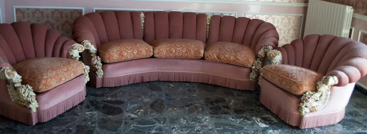 A sofa and 2 velvet armchairs in Venetian Baroque style by Silik, 1960s 2