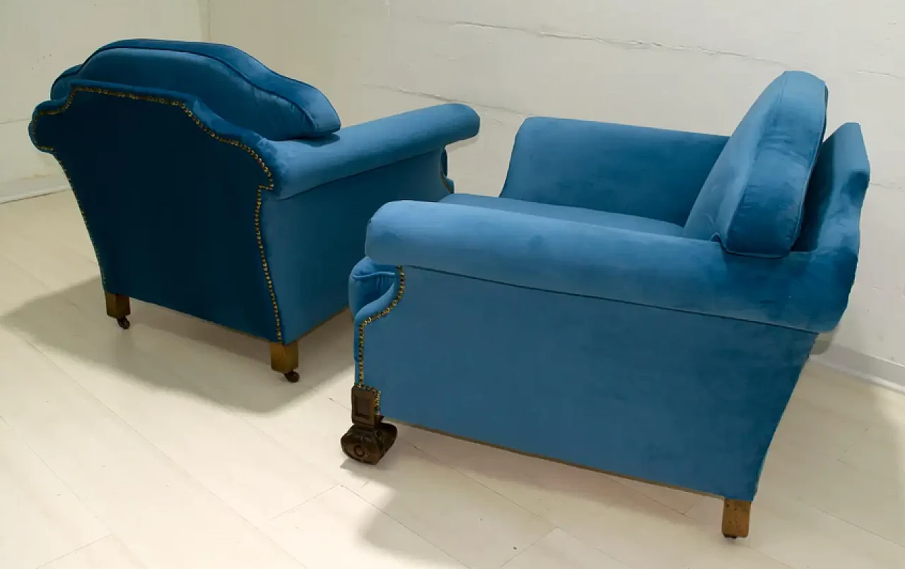 Coppia di poltrone in rovere e velluto blu, fine '800 3