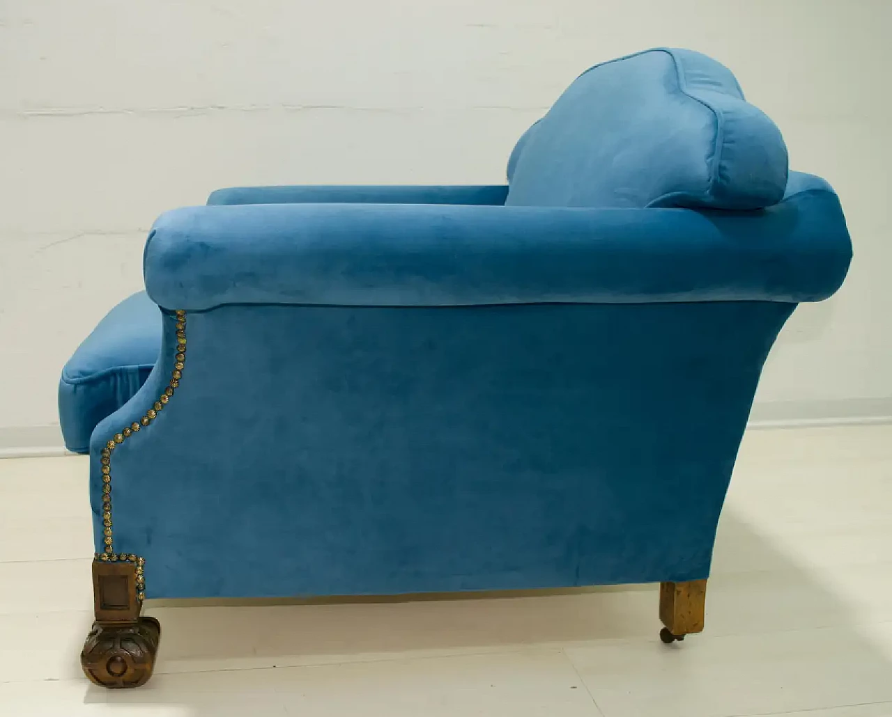 Coppia di poltrone in rovere e velluto blu, fine '800 6