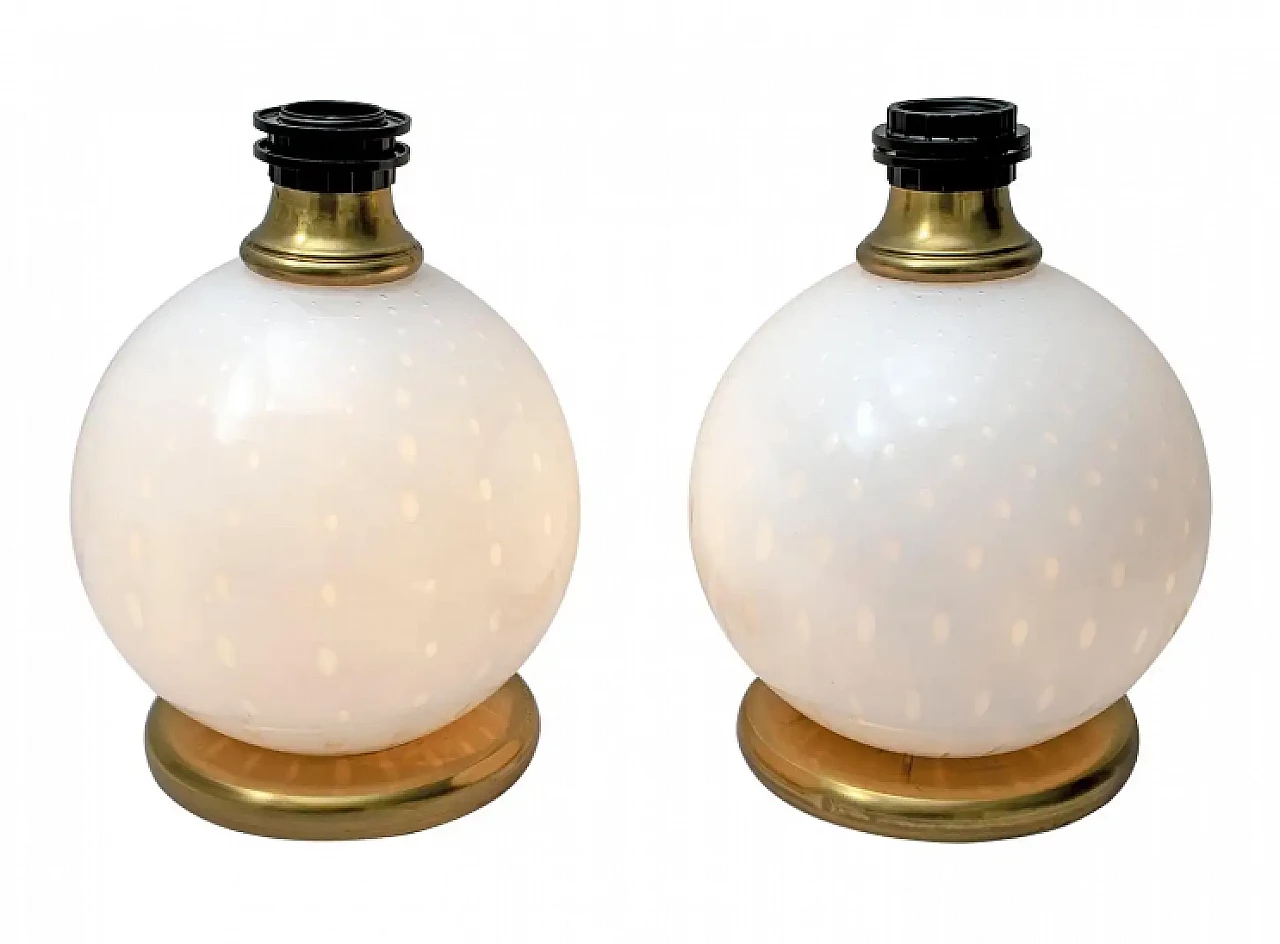 Coppia di lampade da tavolo in ottone e vetro soffiato di Murano, anni '70 1