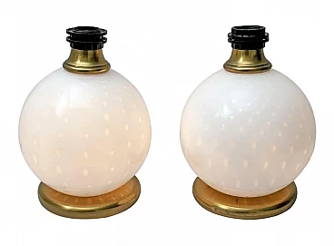 Coppia di lampade da tavolo in ottone e vetro soffiato di Murano, anni '70