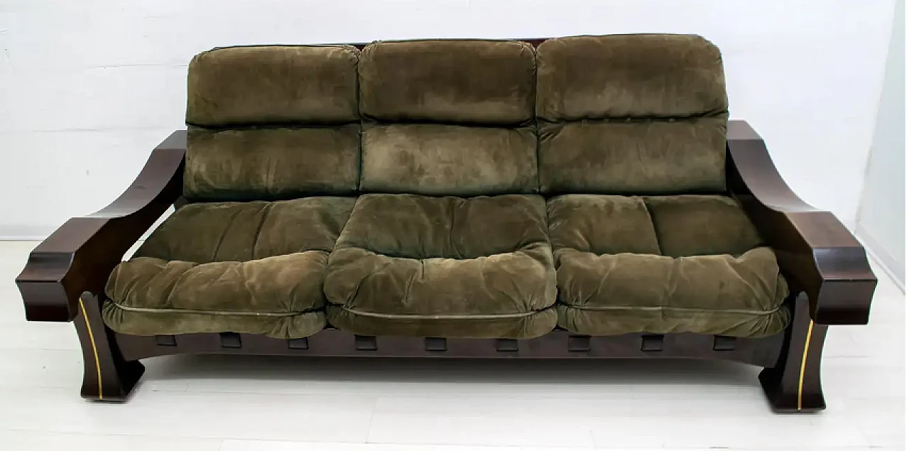 Ussaro wood and suede sofa by Luciano Frigerio, 1970s 3