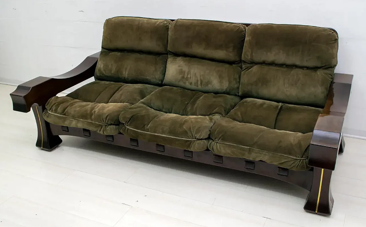 Ussaro wood and suede sofa by Luciano Frigerio, 1970s 4