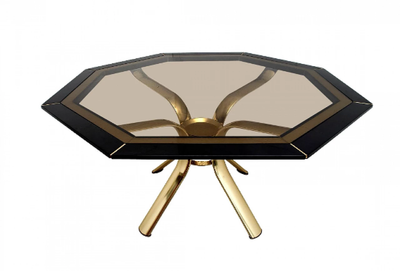 Octagonal wood, brass and glass table by Pierre Cardin, 1980s 1