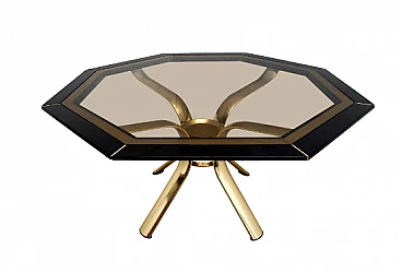 Octagonal wood, brass and glass table by Pierre Cardin, 1980s
