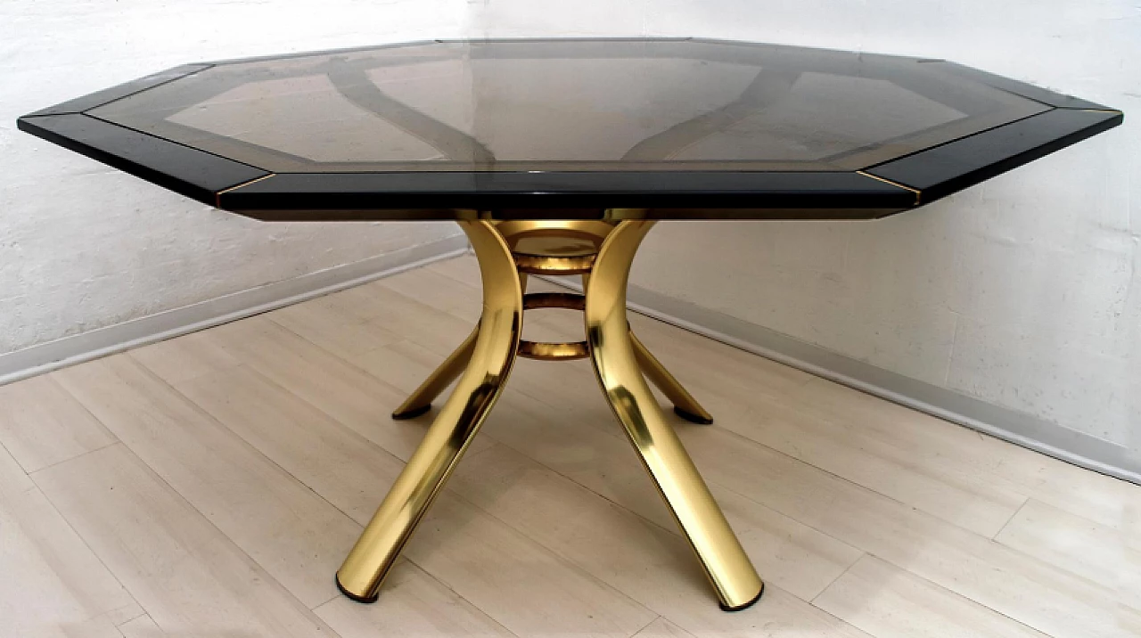 Octagonal wood, brass and glass table by Pierre Cardin, 1980s 2