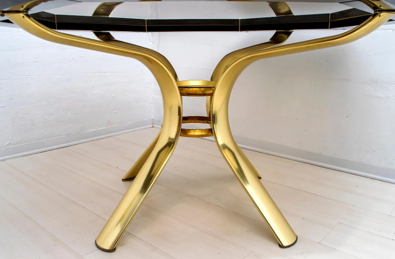 Octagonal wood, brass and glass table by Pierre Cardin, 1980s 3
