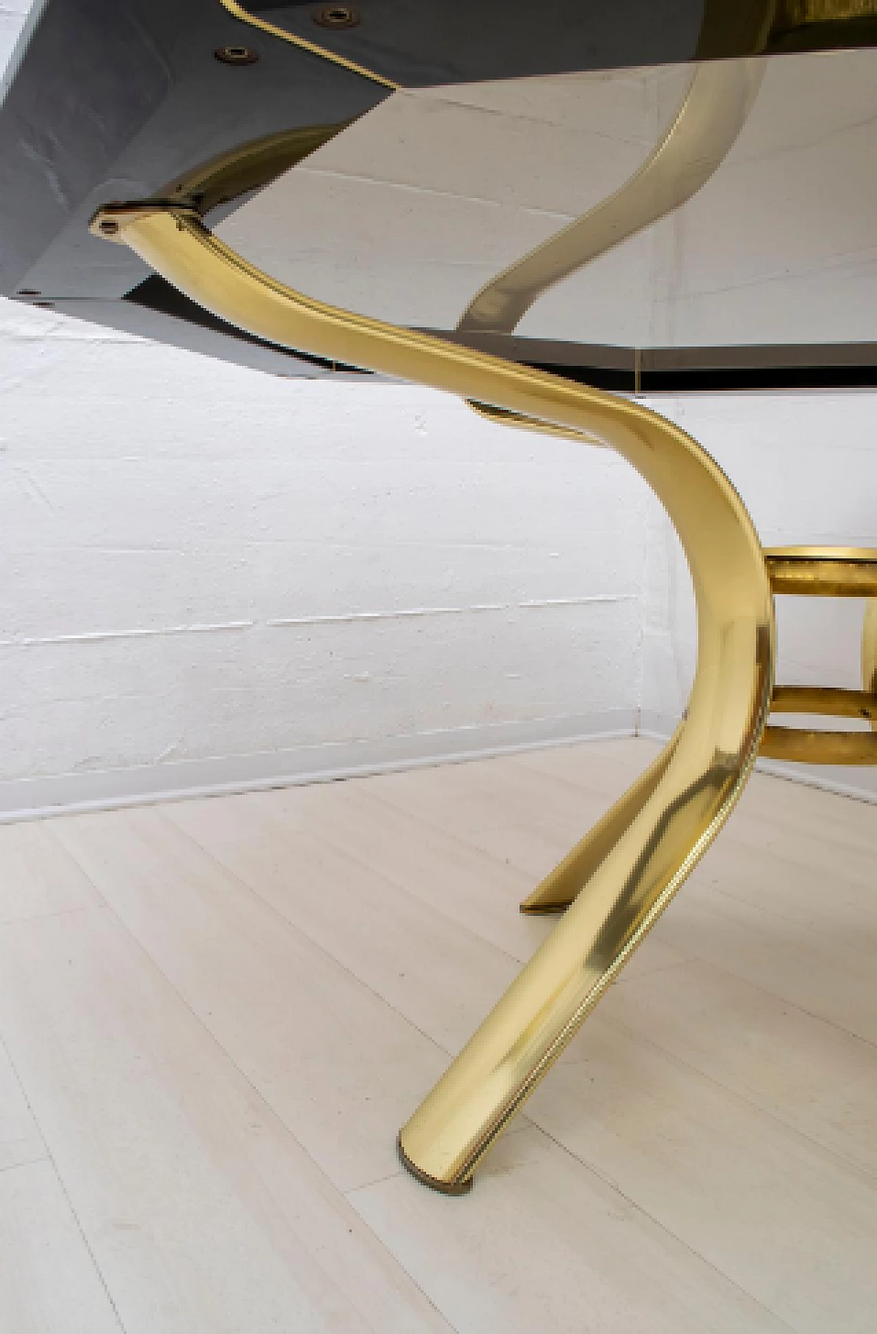 Octagonal wood, brass and glass table by Pierre Cardin, 1980s 5