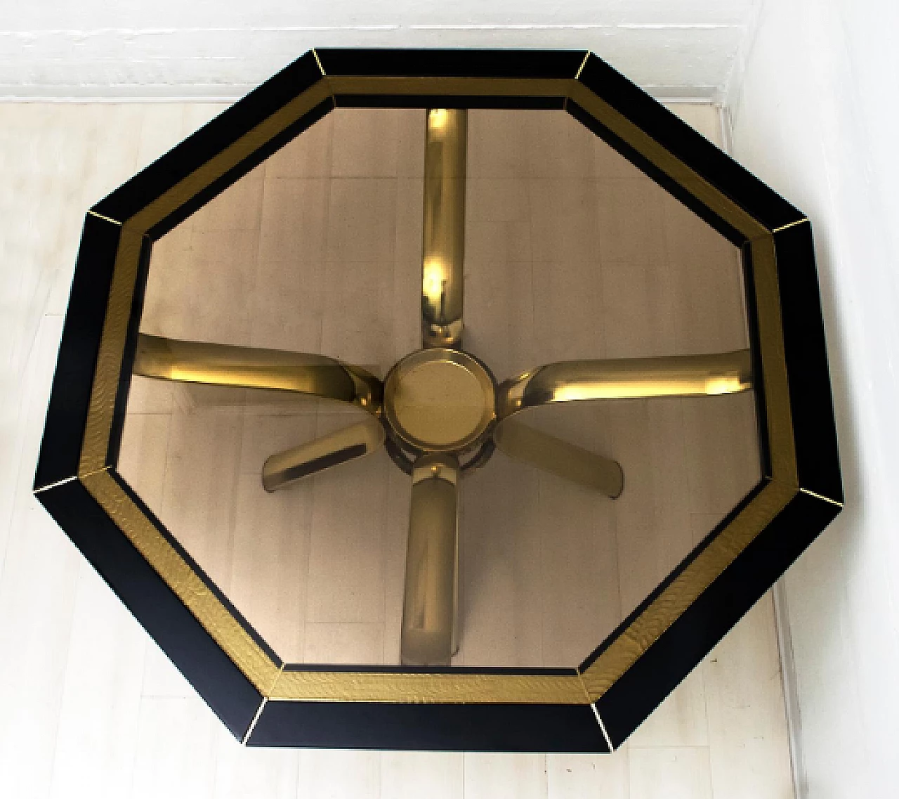 Octagonal wood, brass and glass table by Pierre Cardin, 1980s 6
