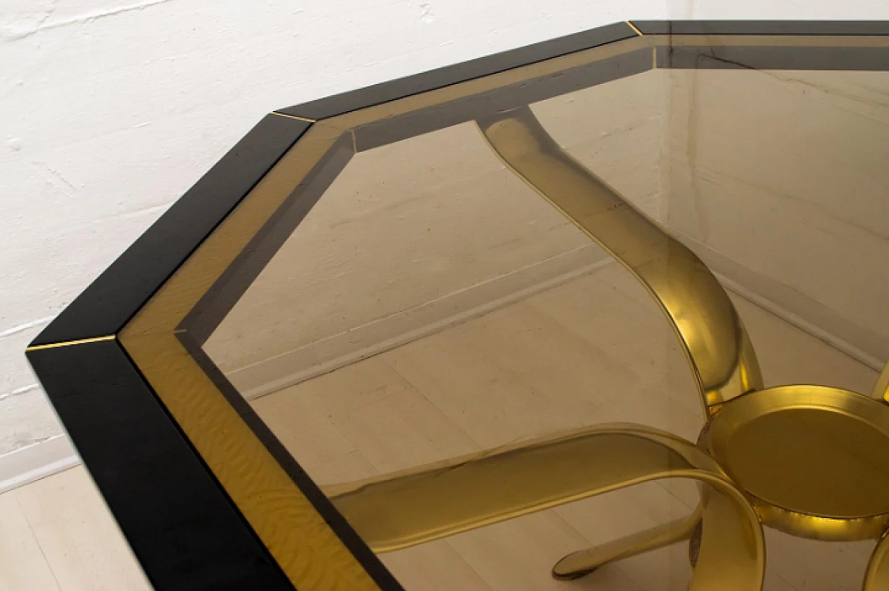Octagonal wood, brass and glass table by Pierre Cardin, 1980s 8