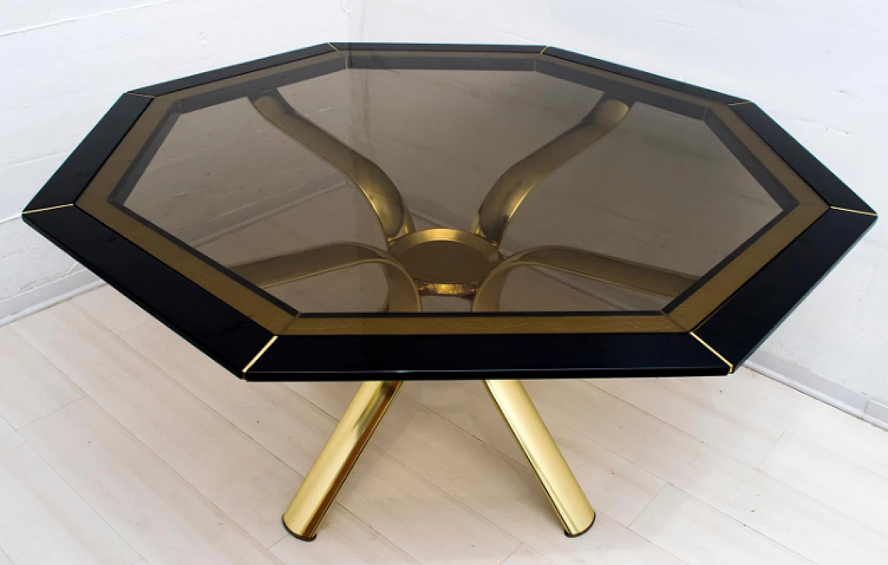 Octagonal wood, brass and glass table by Pierre Cardin, 1980s 11
