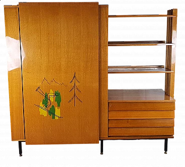 Beech wardrobe with bookcase, 1950s