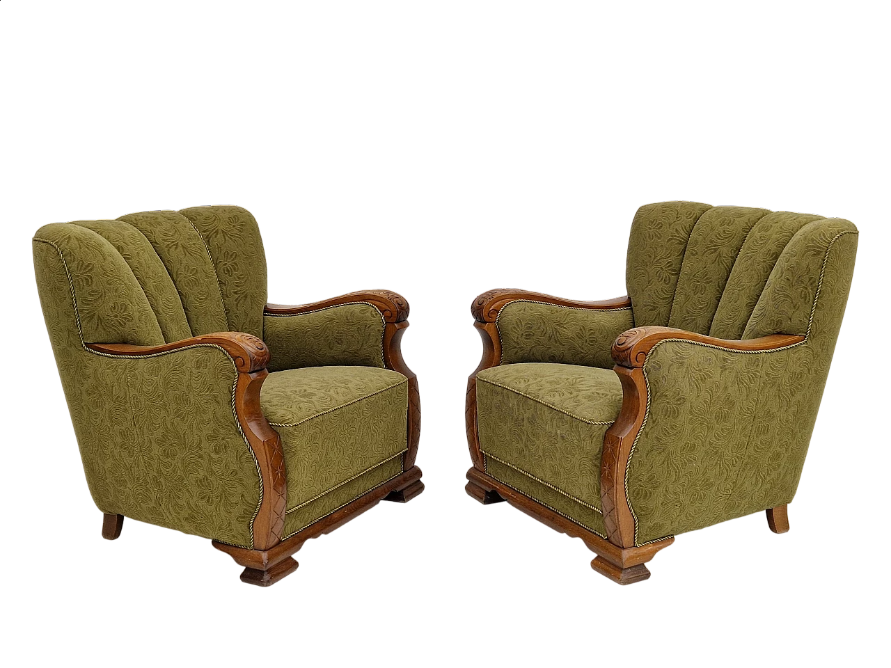Pair of Danish oak armchairs upholstered in green fabric, 1950s 21