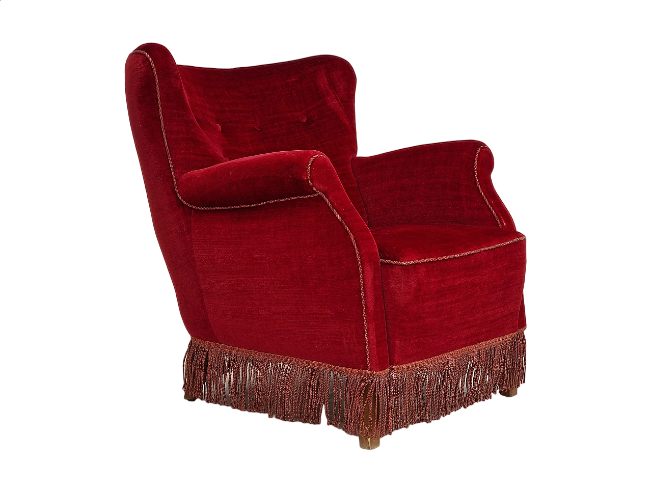Danish cherry red velvet armchair with fringes, 1960s 18
