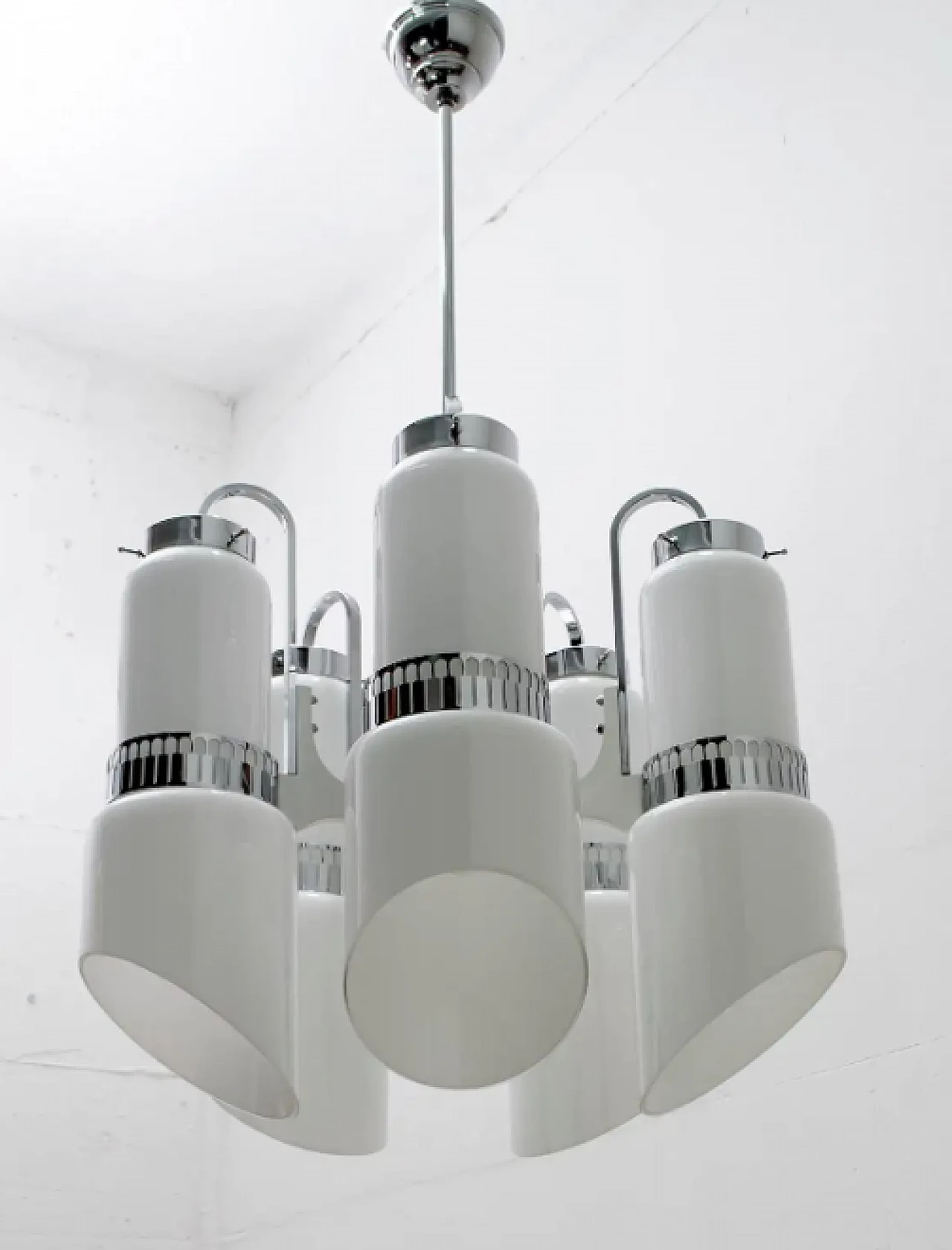 Lampadario in acciaio e vetro di Murano incamiciato di Vistosi, anni '60 2