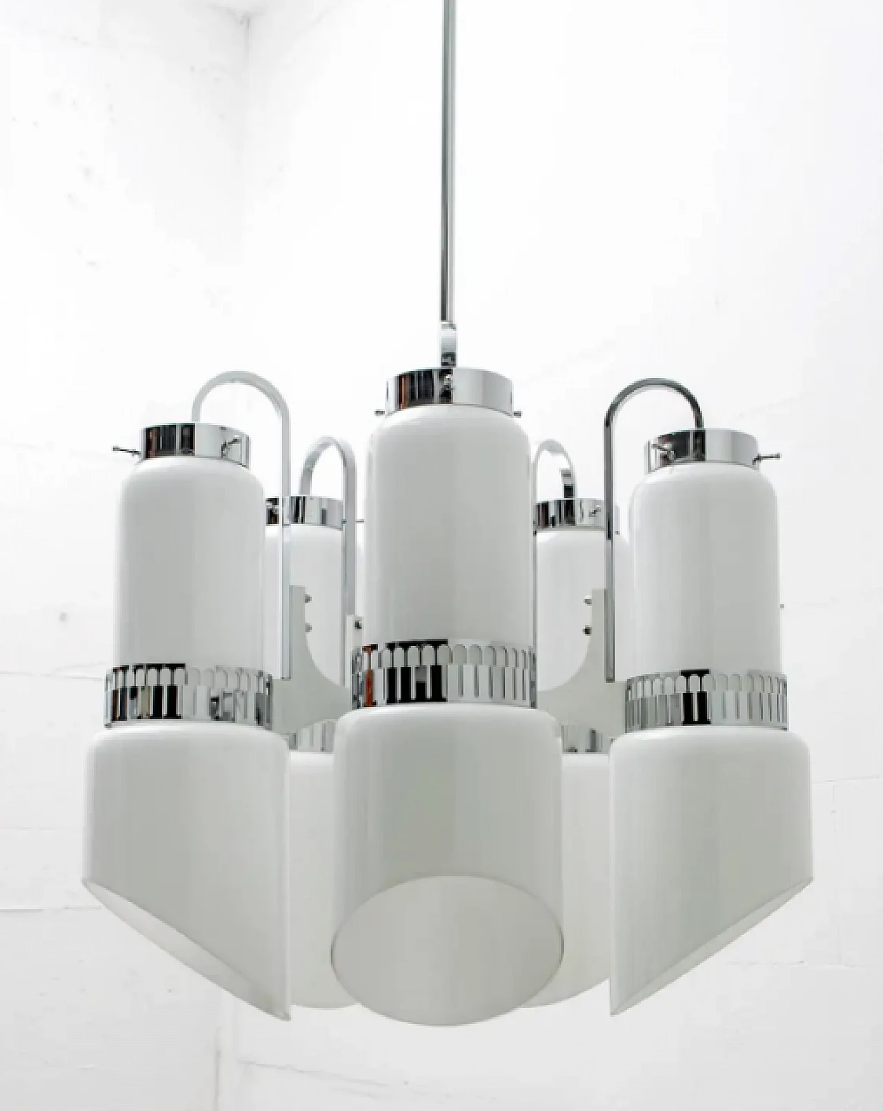 Lampadario in acciaio e vetro di Murano incamiciato di Vistosi, anni '60 3