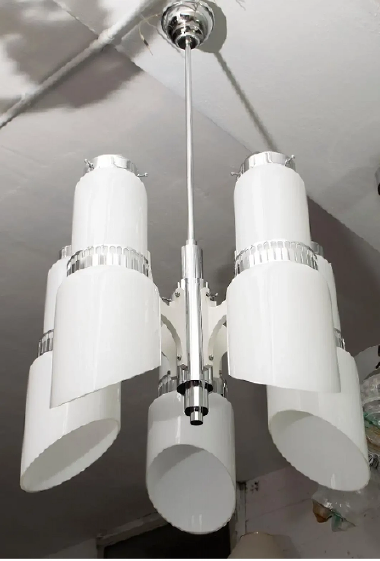 Lampadario in acciaio e vetro di Murano incamiciato di Vistosi, anni '60 11