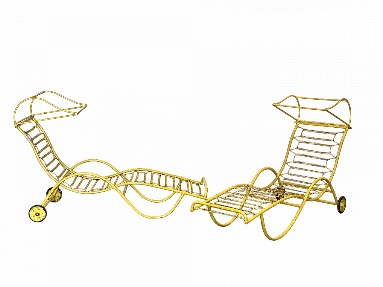 Pair of yellow painted wrought iron deck chairs, 1950s 19