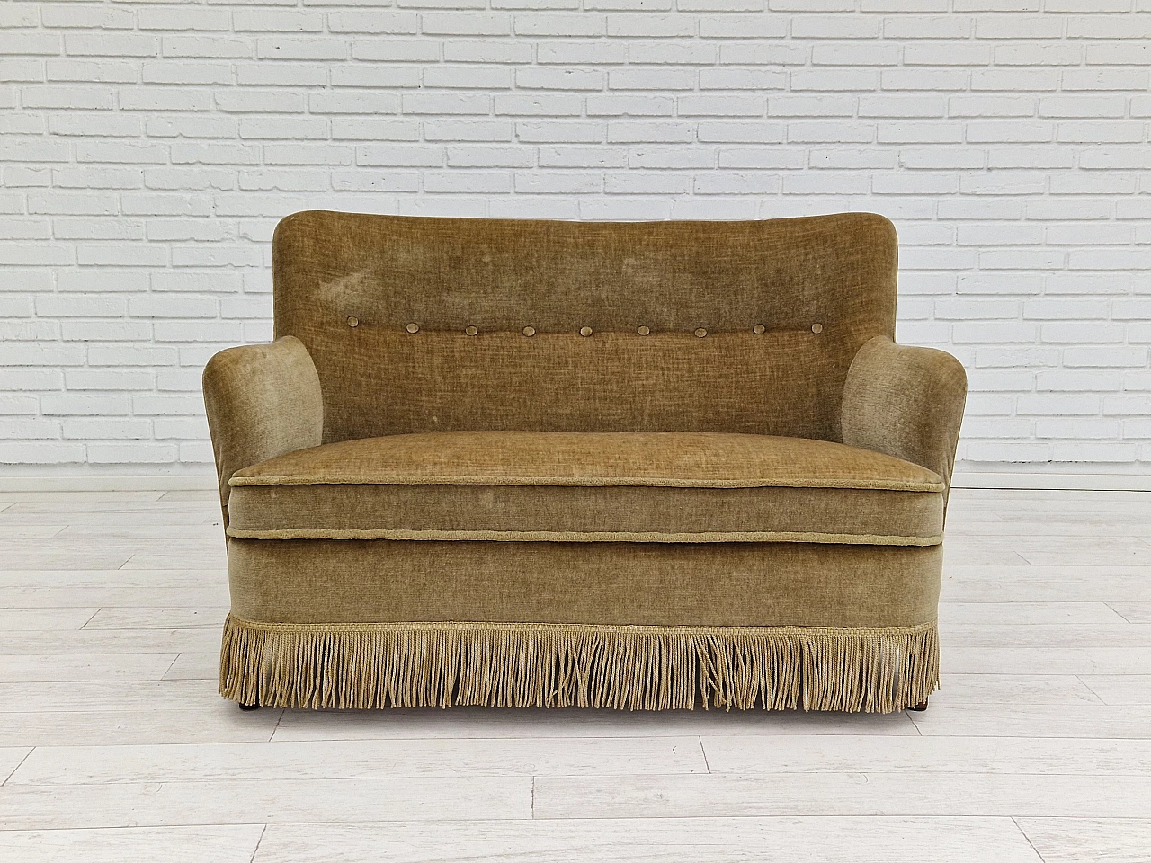 Danish beech and velvet two-seater sofa with fringes, 1960s 1