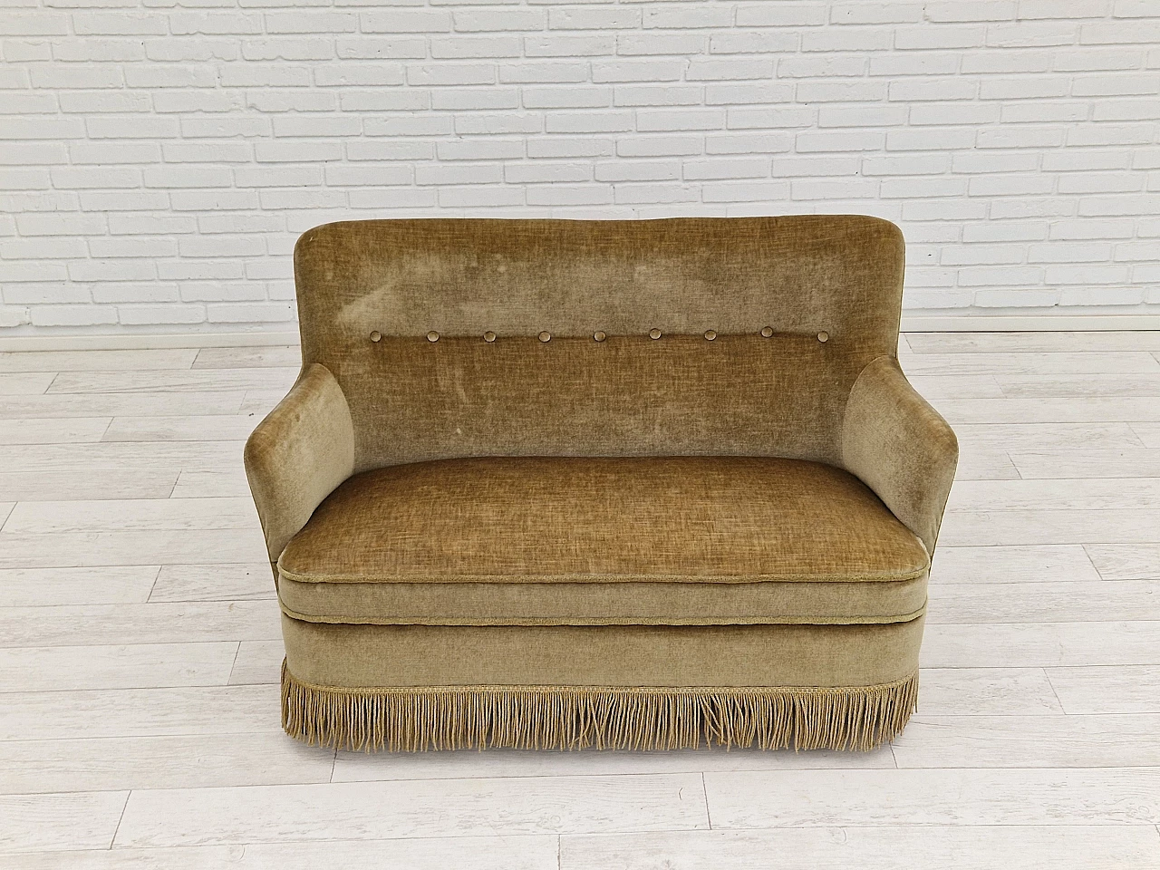 Danish beech and velvet two-seater sofa with fringes, 1960s 2