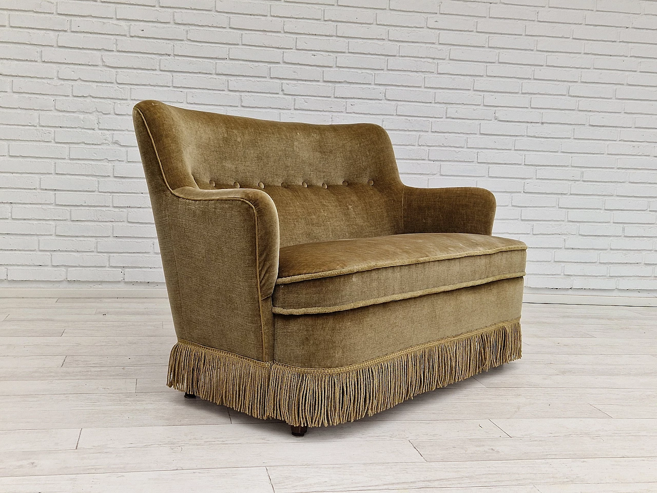 Danish beech and velvet two-seater sofa with fringes, 1960s 3