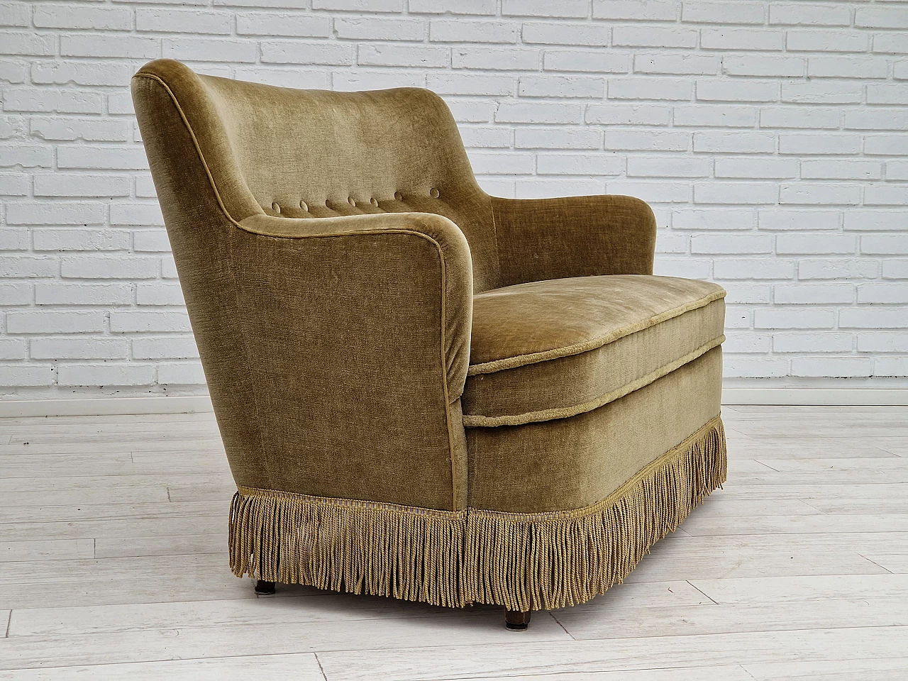 Danish beech and velvet two-seater sofa with fringes, 1960s 4
