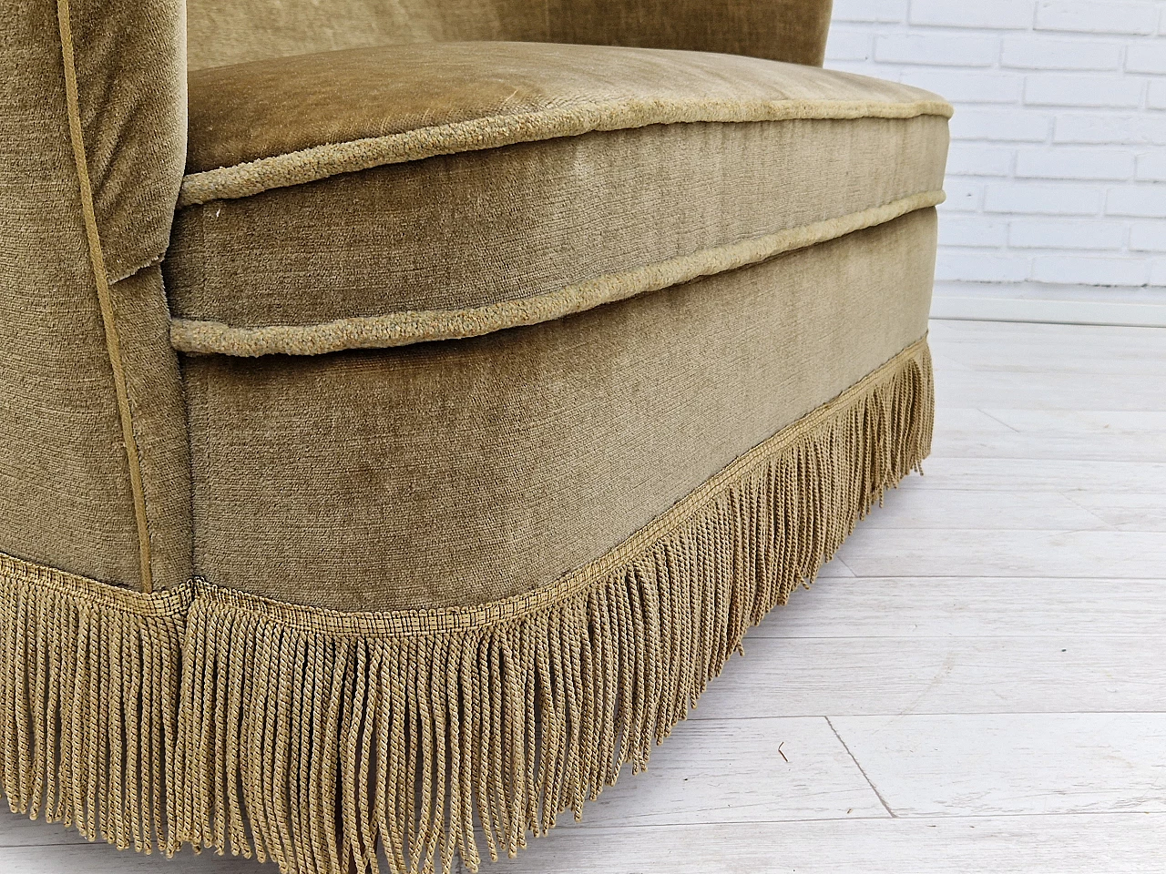 Danish beech and velvet two-seater sofa with fringes, 1960s 5