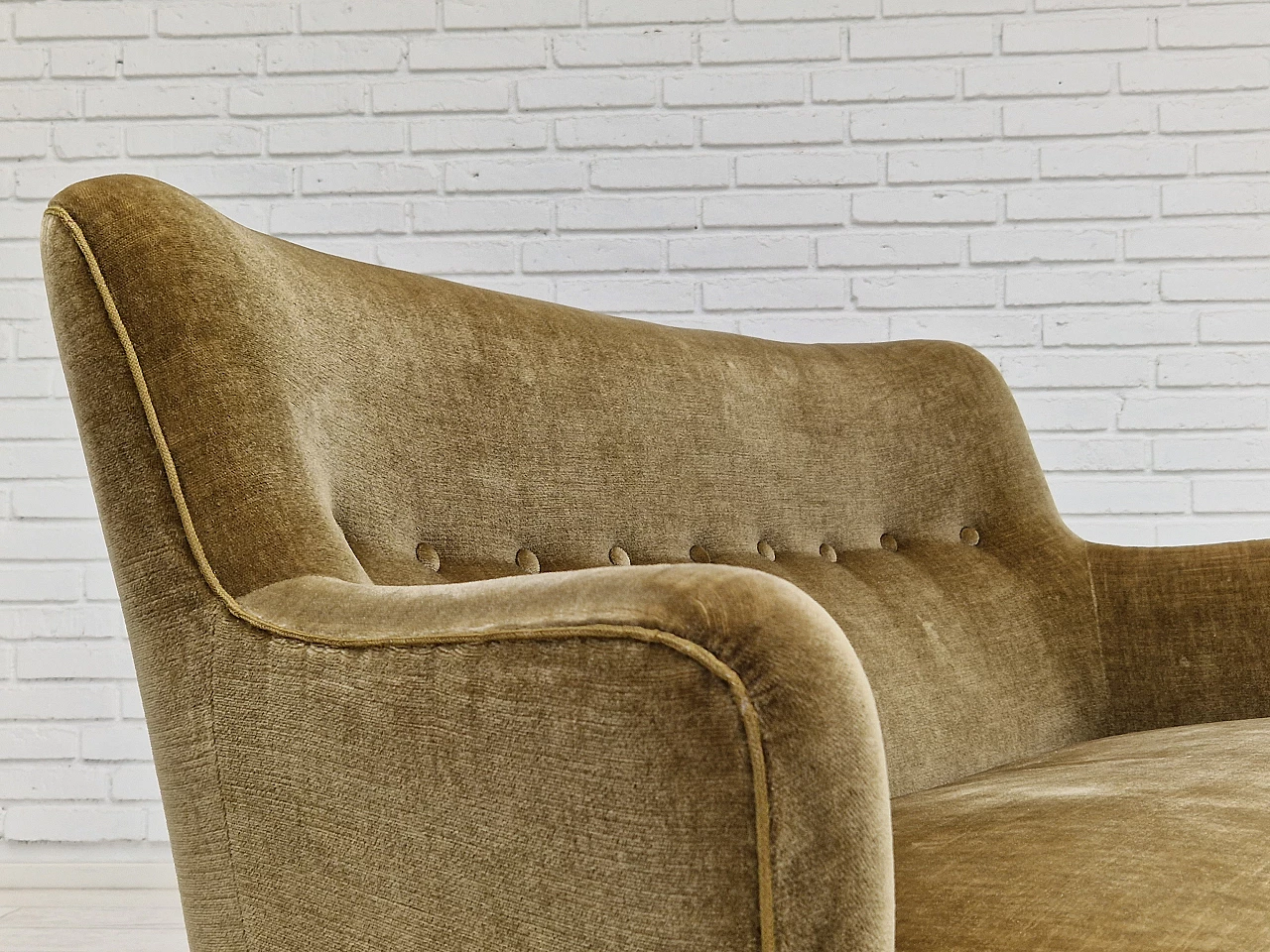 Danish beech and velvet two-seater sofa with fringes, 1960s 6