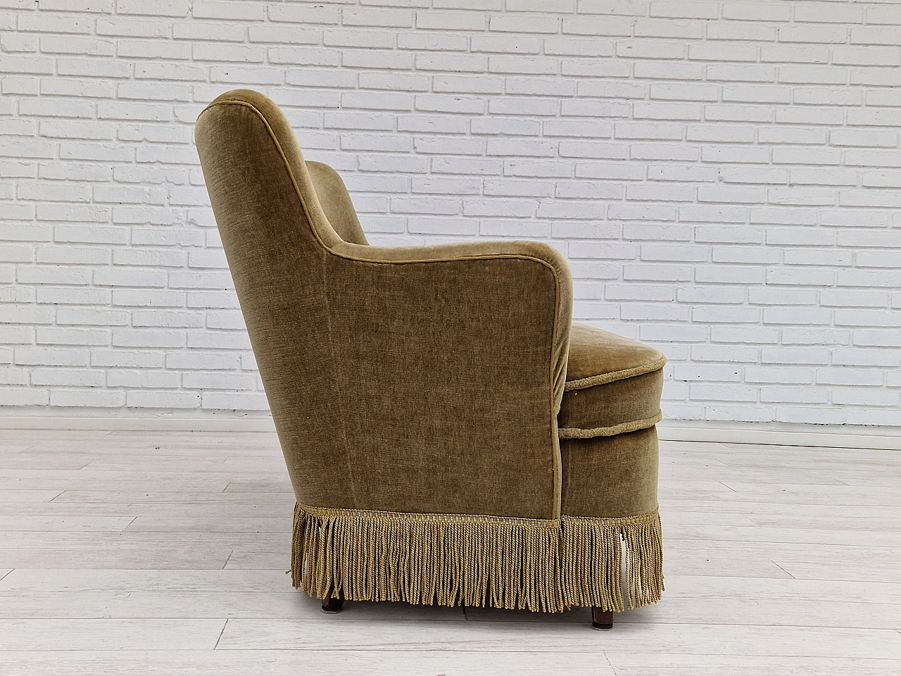 Danish beech and velvet two-seater sofa with fringes, 1960s 7