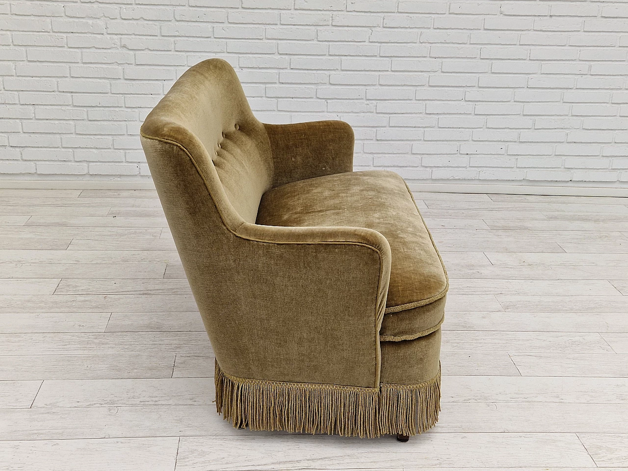 Danish beech and velvet two-seater sofa with fringes, 1960s 8