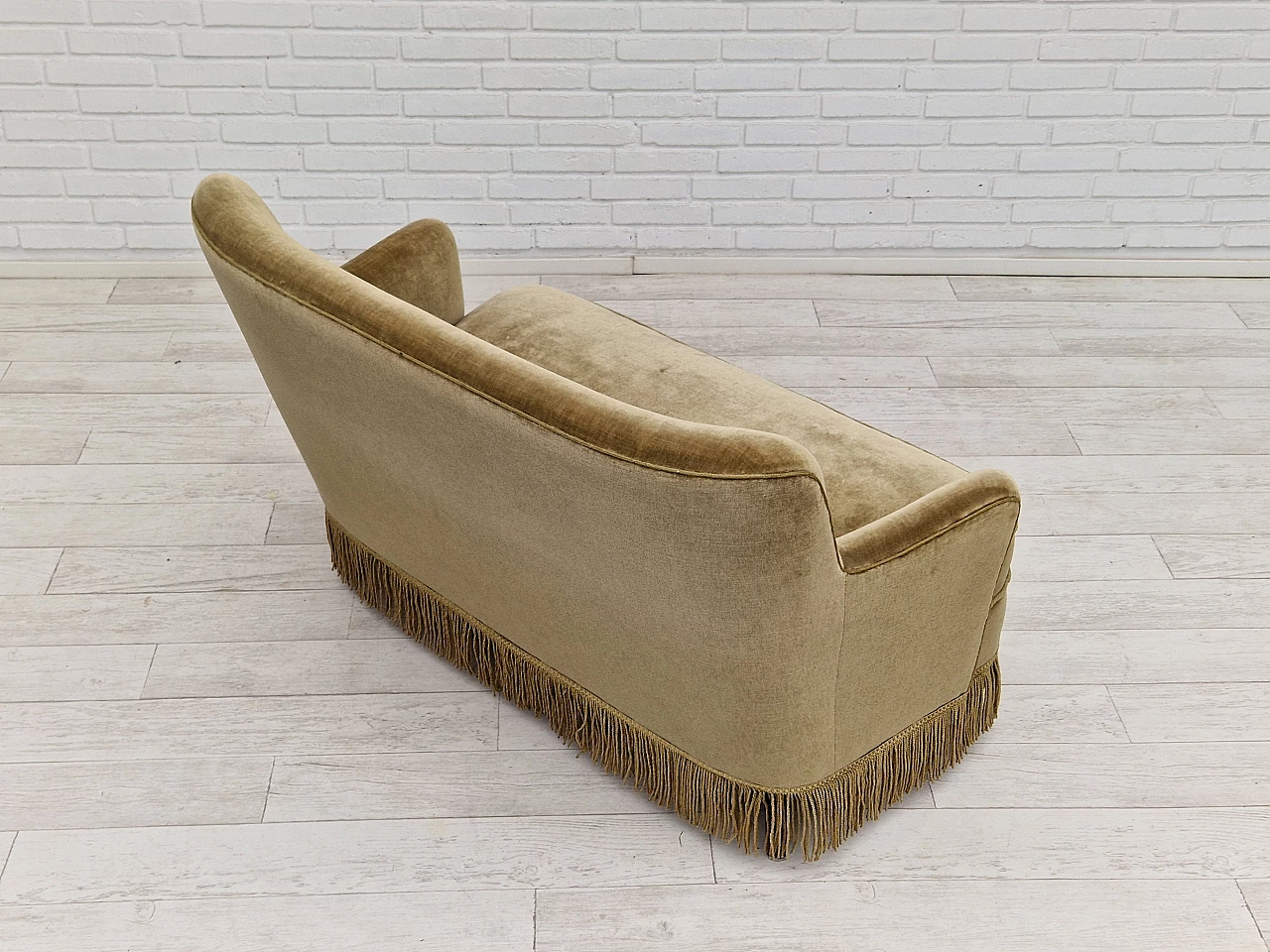 Danish beech and velvet two-seater sofa with fringes, 1960s 9