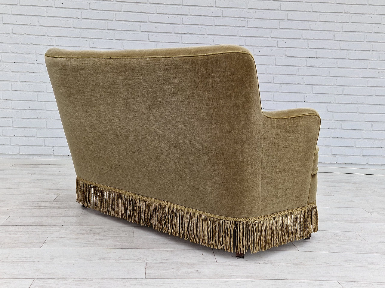 Danish beech and velvet two-seater sofa with fringes, 1960s 10