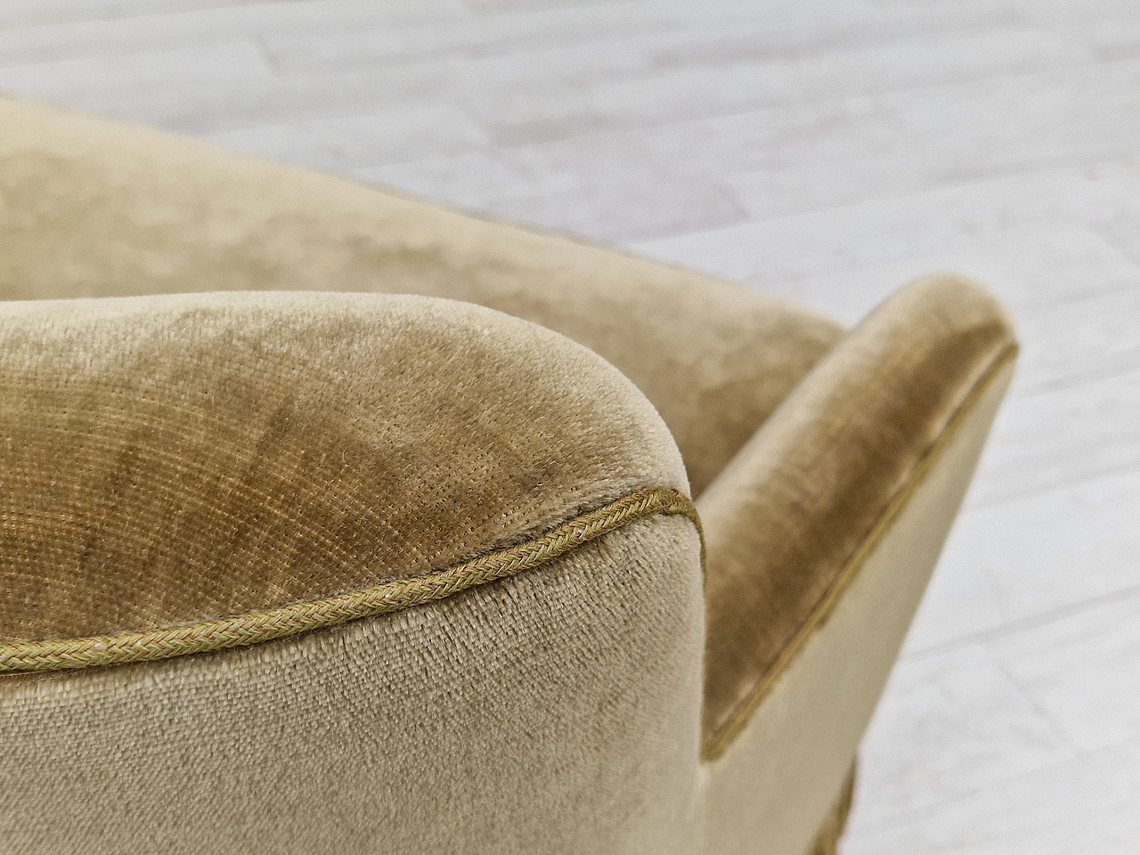 Danish beech and velvet two-seater sofa with fringes, 1960s 11