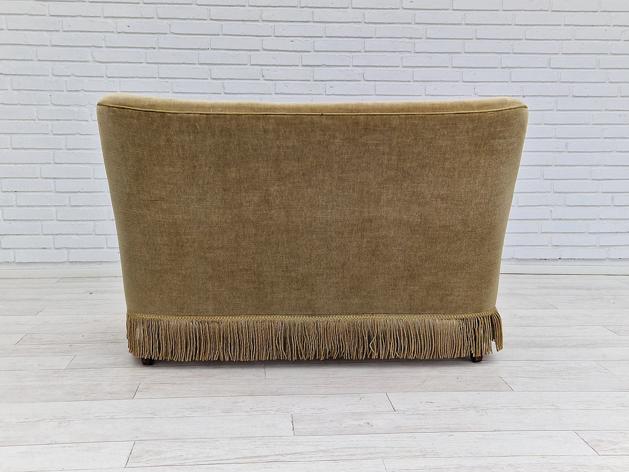 Danish beech and velvet two-seater sofa with fringes, 1960s 12