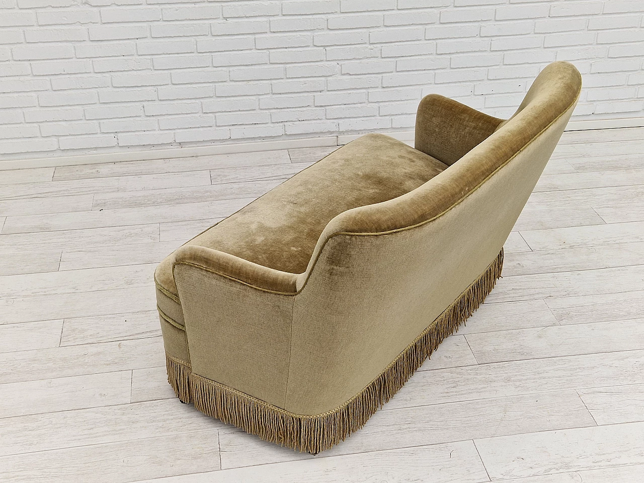Danish beech and velvet two-seater sofa with fringes, 1960s 13