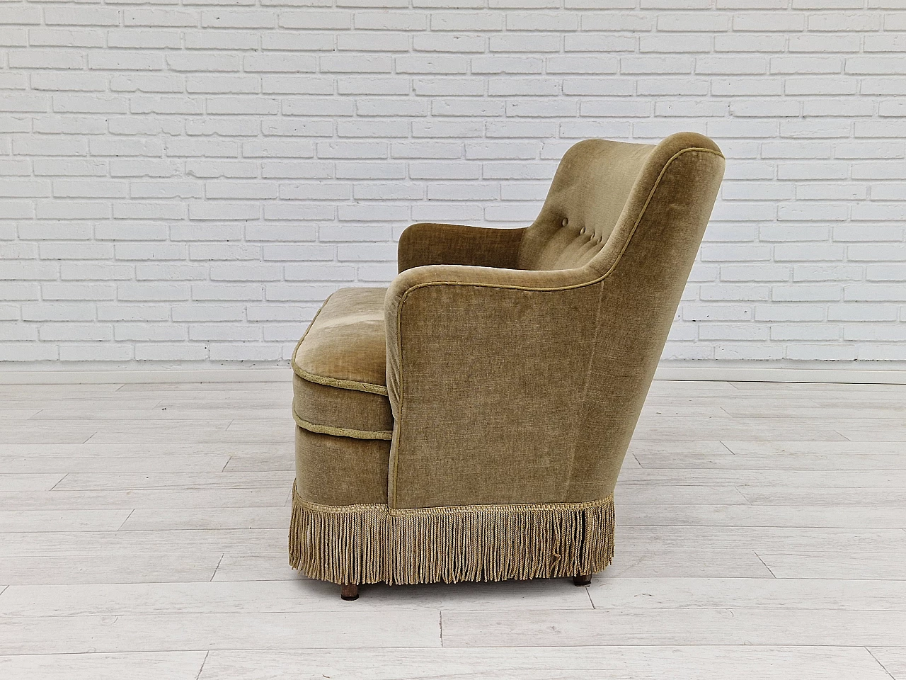 Danish beech and velvet two-seater sofa with fringes, 1960s 14