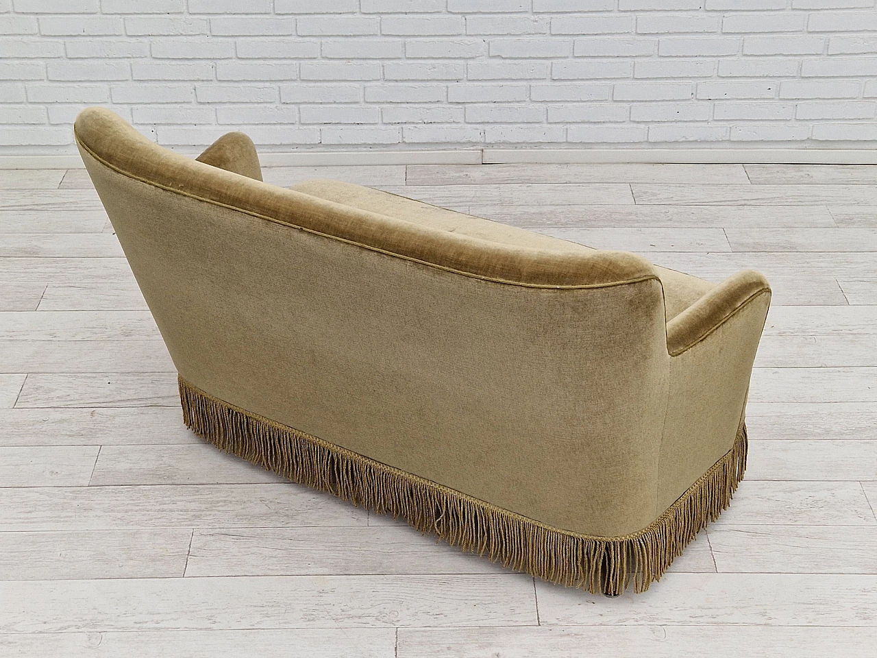 Danish beech and velvet two-seater sofa with fringes, 1960s 15