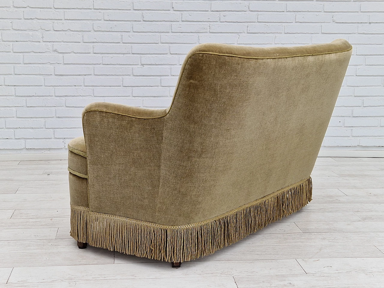 Danish beech and velvet two-seater sofa with fringes, 1960s 16