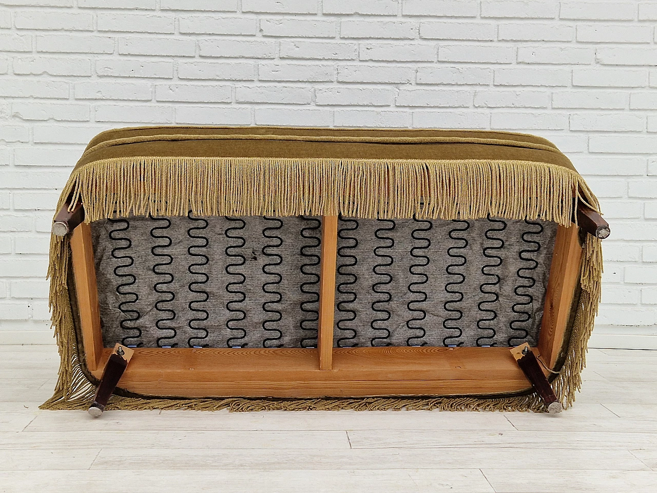 Danish beech and velvet two-seater sofa with fringes, 1960s 17