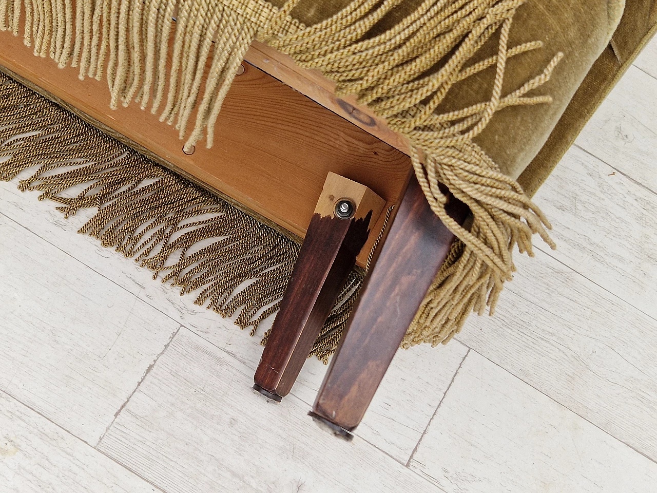 Danish beech and velvet two-seater sofa with fringes, 1960s 18