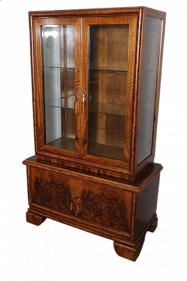 Art Deco walnut and briar-root glass cabinet, 1940s